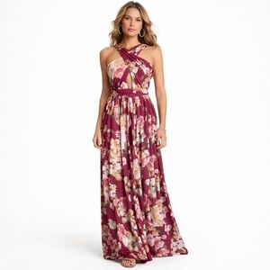 🆕On The Land Burgundy Floral Maxi Dress NIP